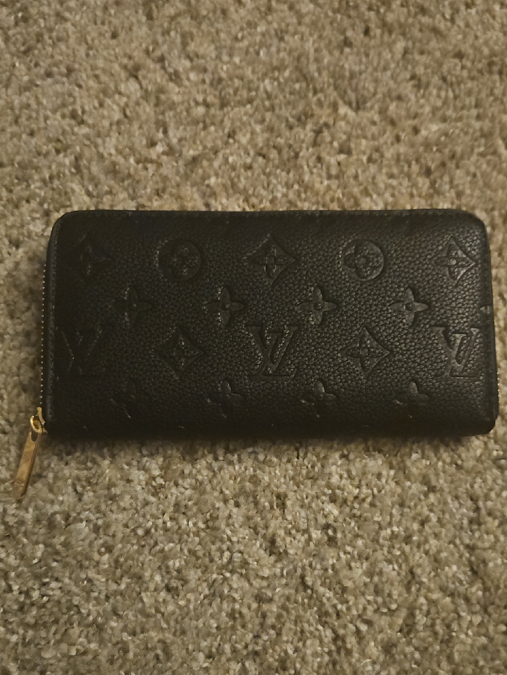 Louis Vuitton Black Embossed Monogram Zip Wallet with Gold Hardware